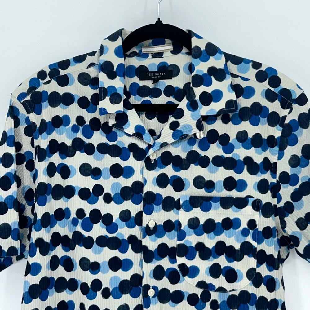 Ted Baker London Deimos Spot Print Textured Camp Shirt Men's Medium M Blue